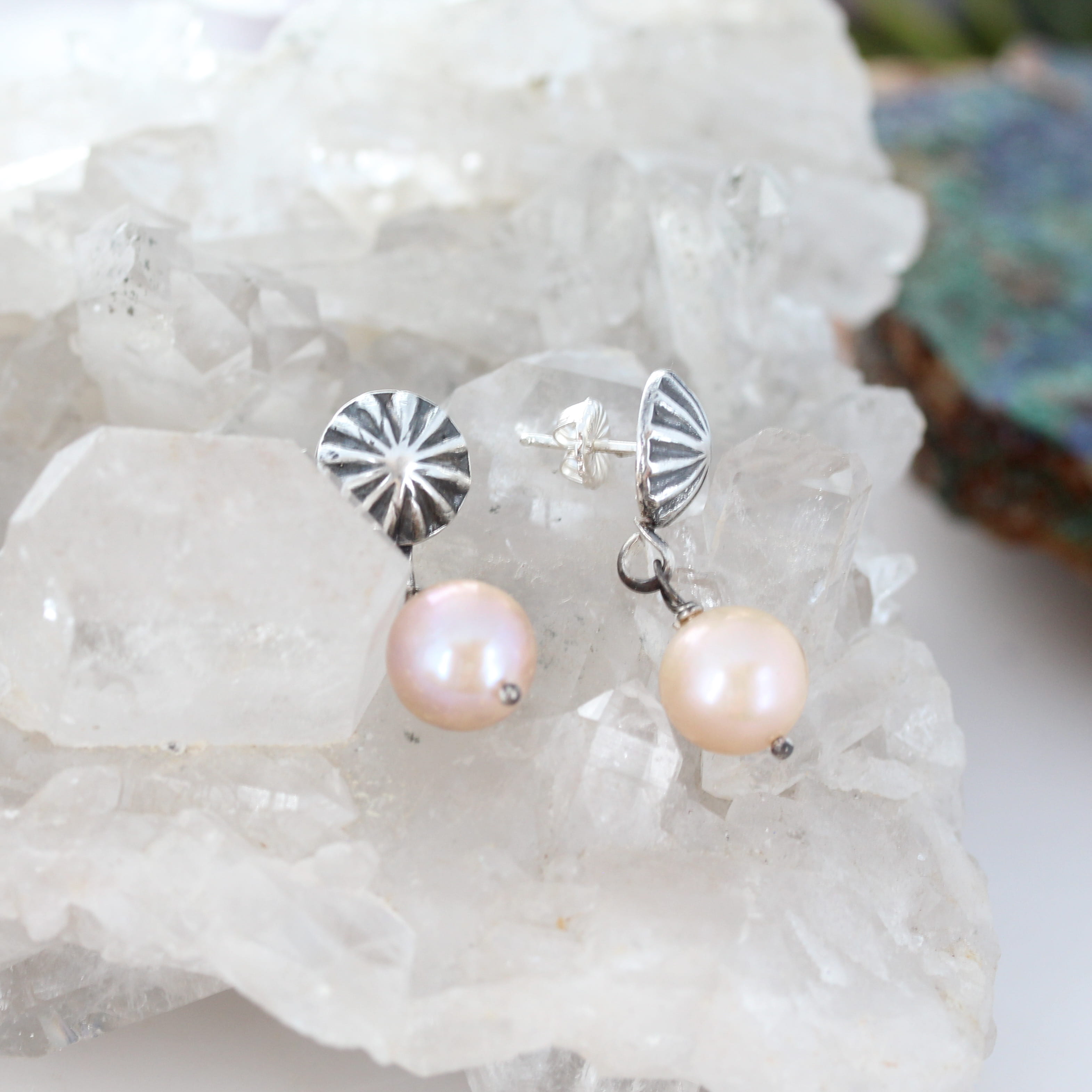 Round 12mm Pearl Earrings Sunburst Posts Southwestern Elegance