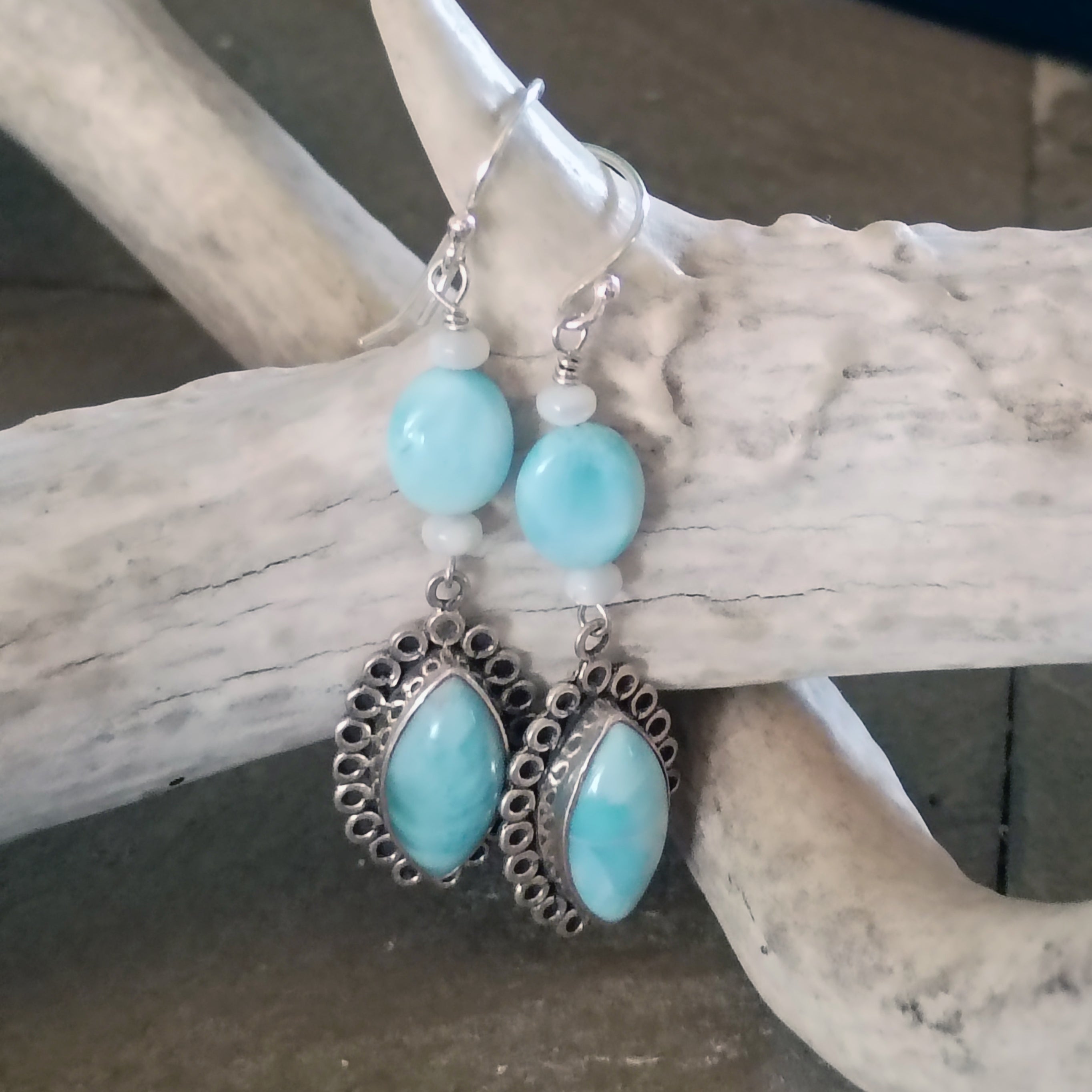 Larimar Earrings Marquis Shape Sterling French Ear Wire with Mother of Pearl