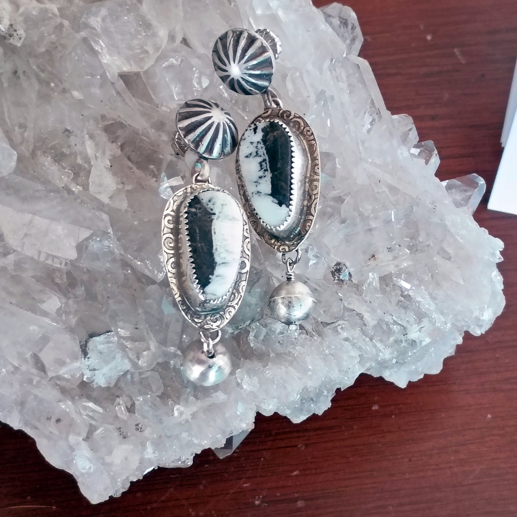 AAA WHITE BUFFALO Turquoise and Navajo Pearl Earrings Sterling 2"