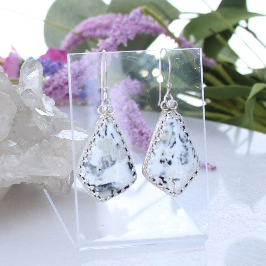 Elegant WHITE BUFFALO Turquoise Earrings Sterling Kite Shaped