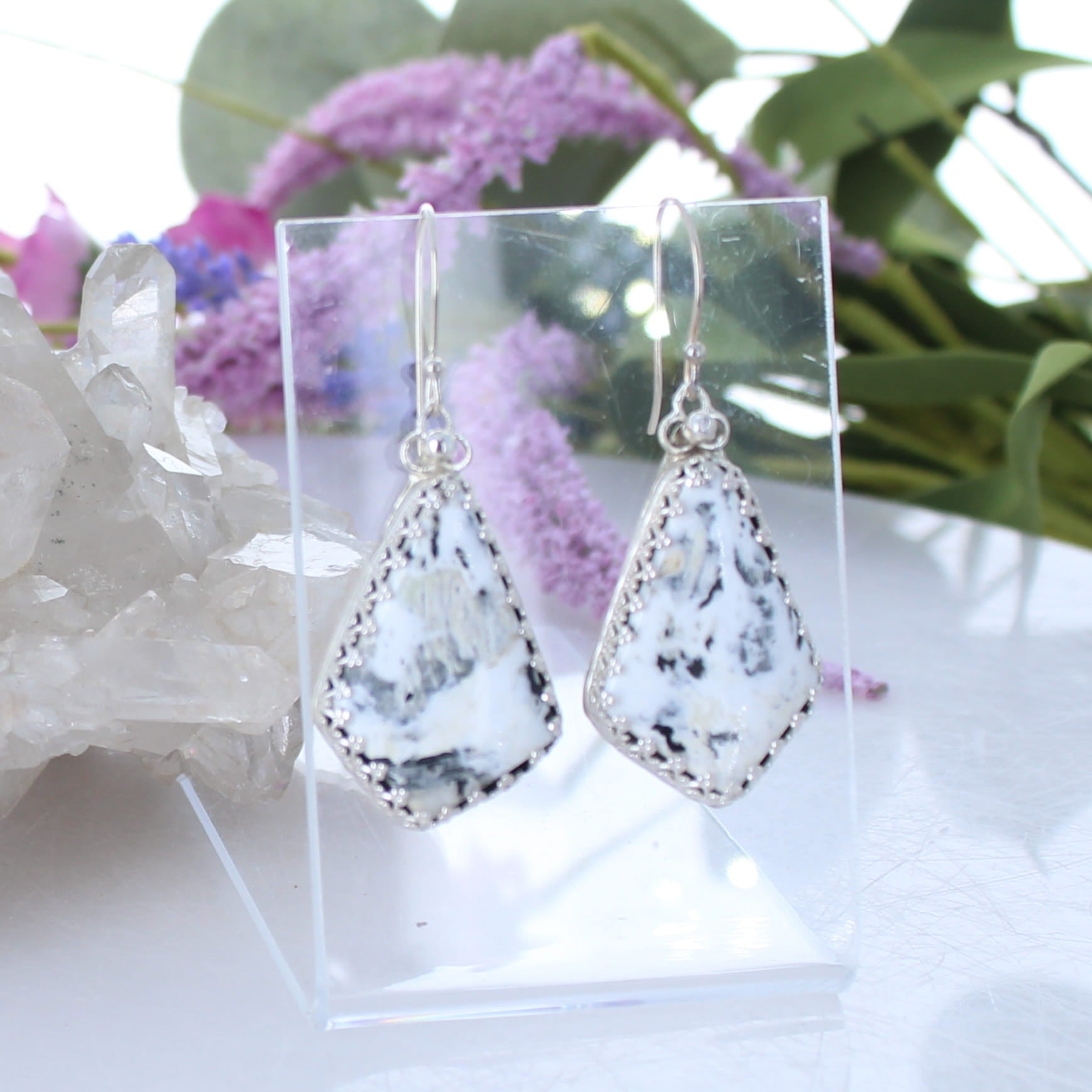 Elegant WHITE BUFFALO Turquoise Earrings Sterling Kite Shaped