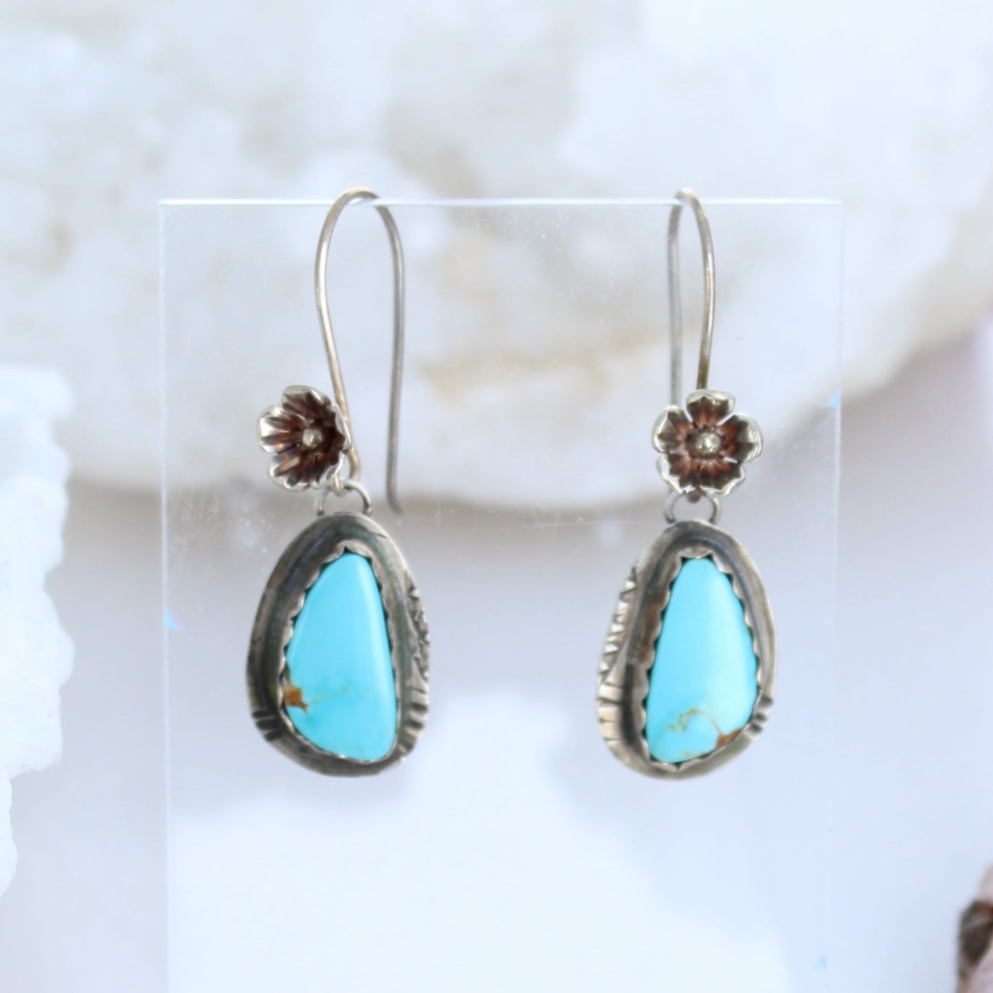 Kingman Turquoise Earrings Sky Blue Floral Earwire -NewWorldGems