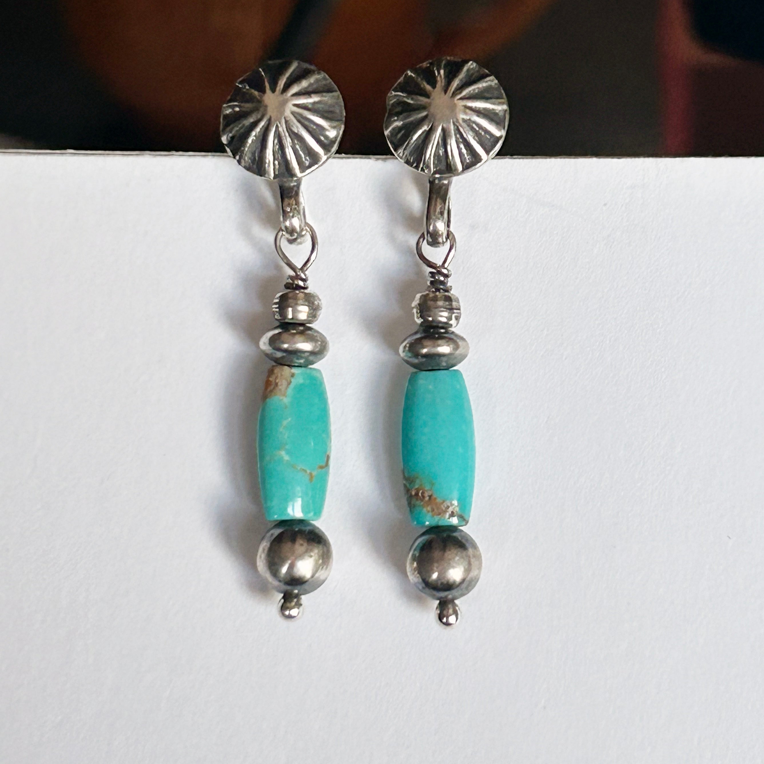 Vintage Carico Lake Turquoise Sterling Earrings Dangles with Sunburst Posts