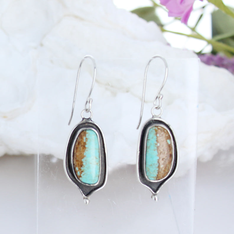 Nevada #8 Mine Turquoise Earrings Sterling Oval Drops -NewWorldGems