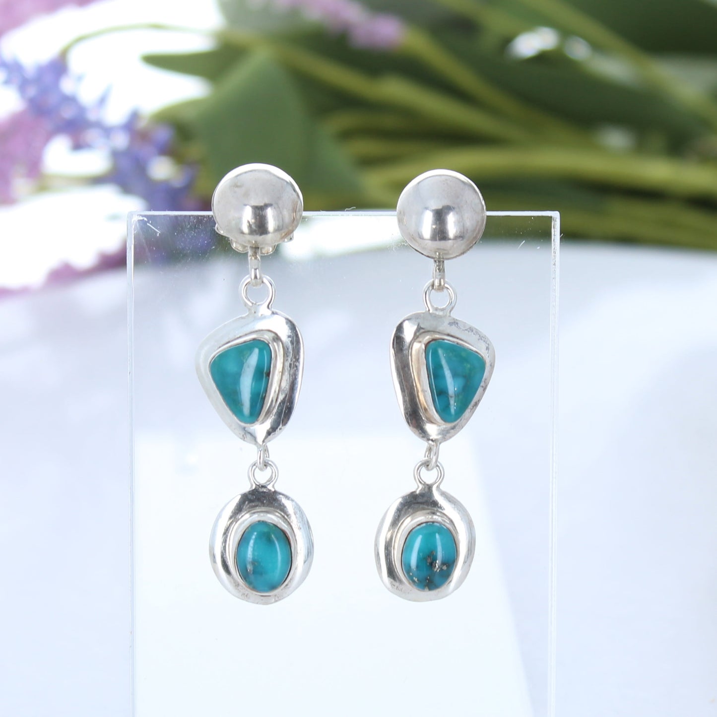 Teal Blue Fox Turquoise 2 Stone Earrings Sterling Silver