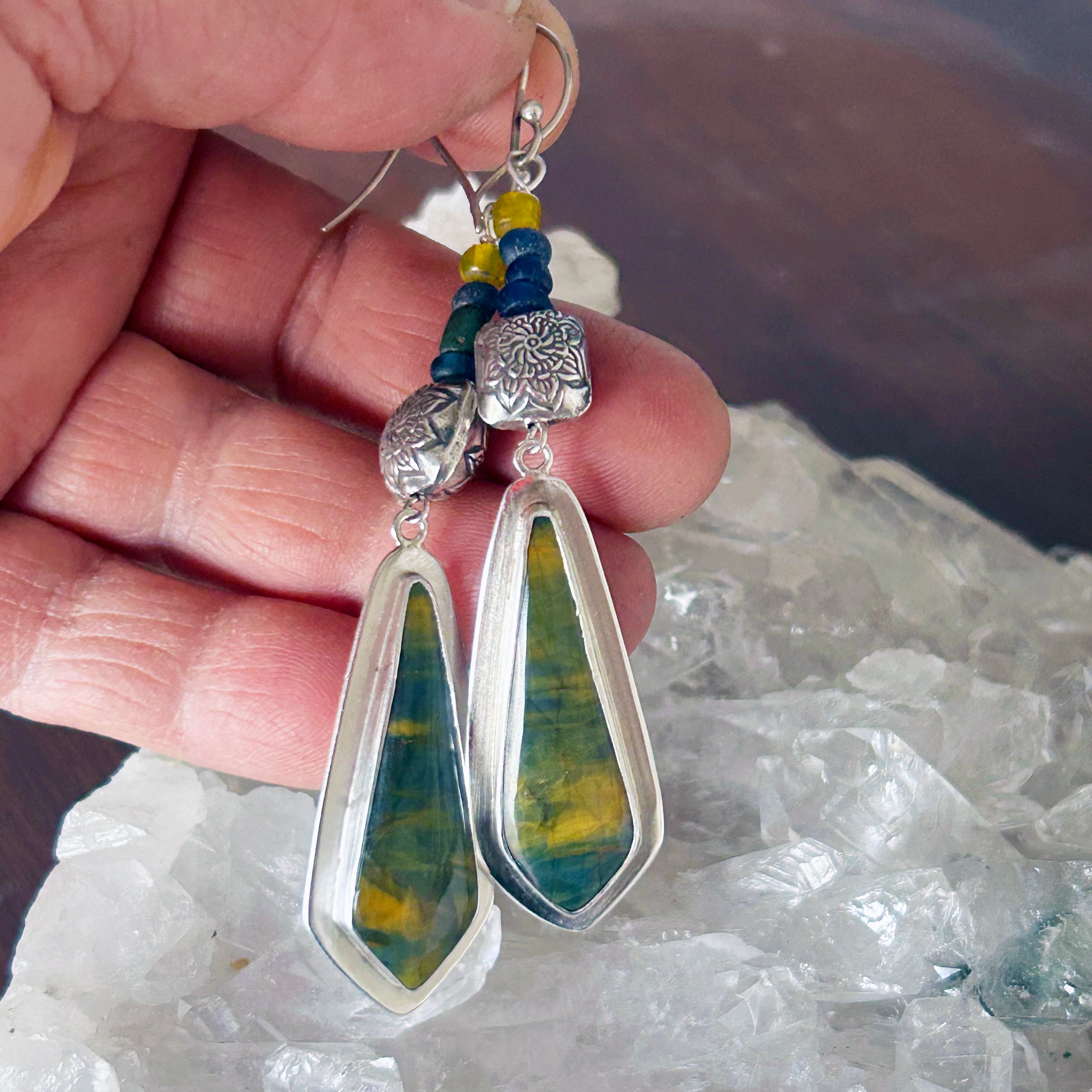 Dramatic Ancient Mali Dig Beads and Blue and Golden Tigereye Sterling Silver Earrings