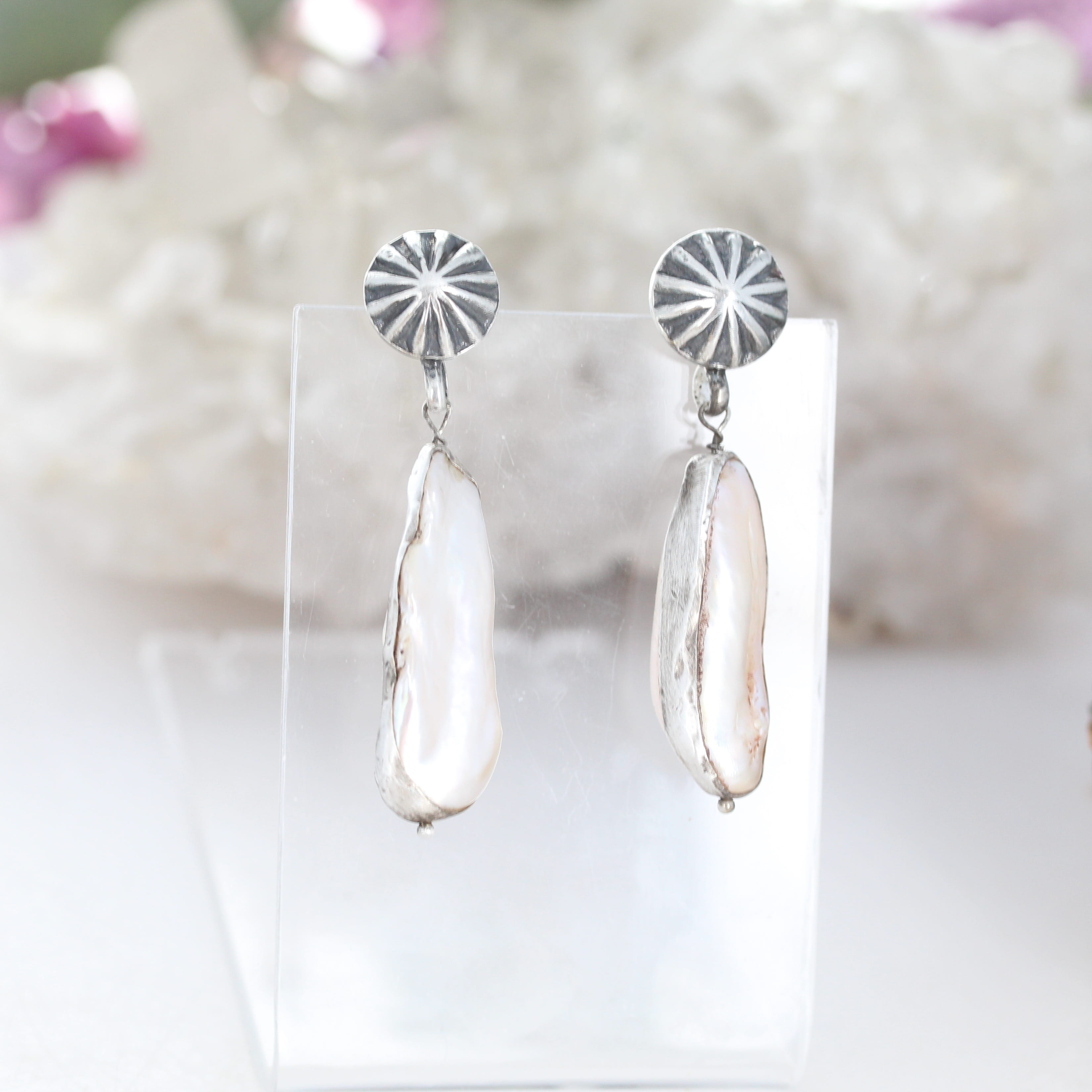 Long Biwa Pearl Earrings Sunburst Posts Southwestern Elegance