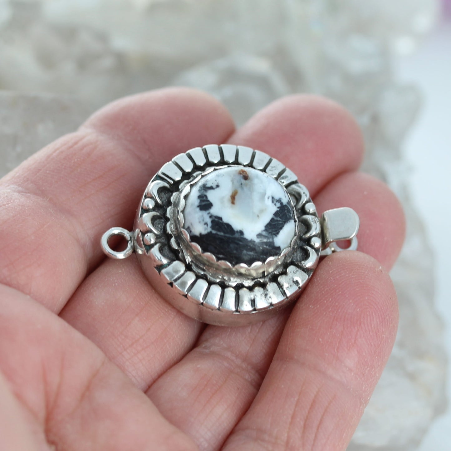 Large White Buffalo Clasp Sterling 17mm Moon Lotus Petals Sterling