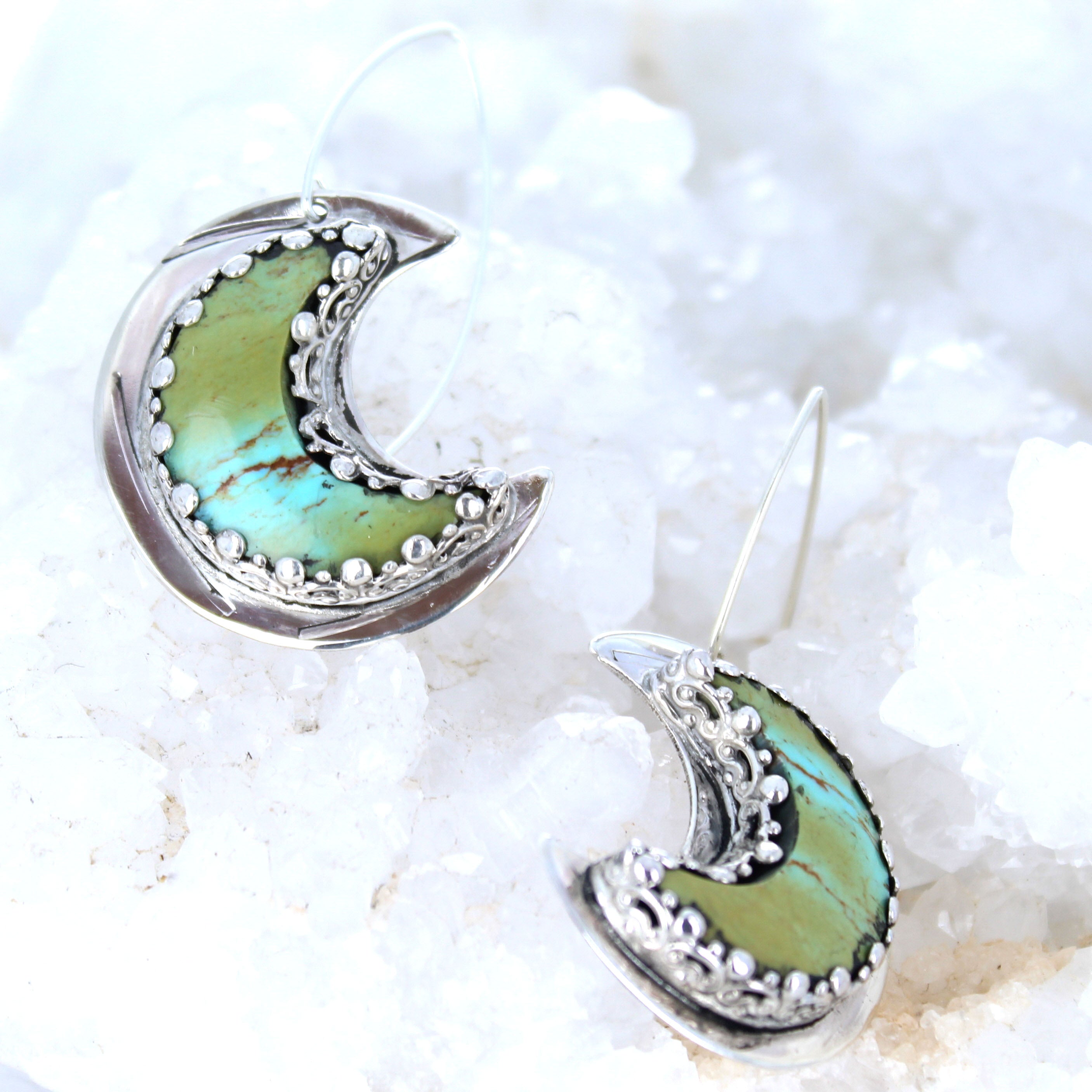 Kingman Turquoise Crescent Moon Earrings Sterling Green Blue -NewWorldGems