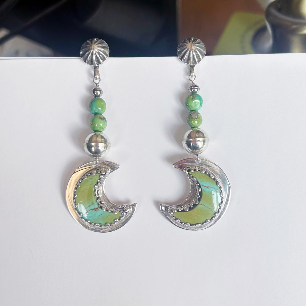 Kingman Turquoise Crescent Moon Earrings Sterling Green Blue