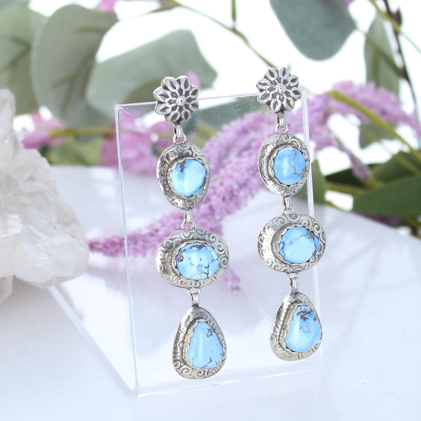 Kazakhstan Turquoise Earrings 3 Stone Baby Blue Spiral Design 3"