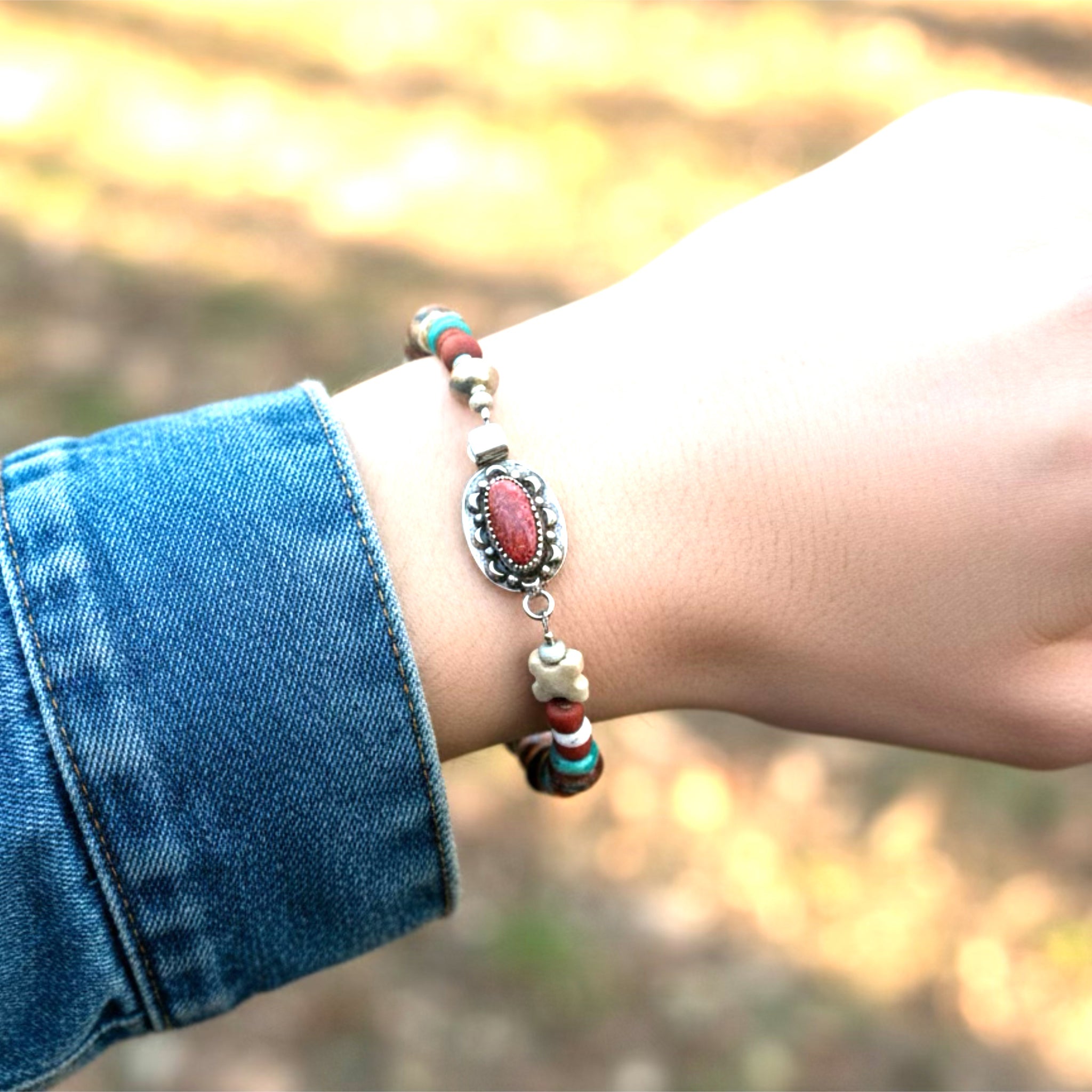 Antique Red Roman Glass and Turquoise Bracelet One of a Kind