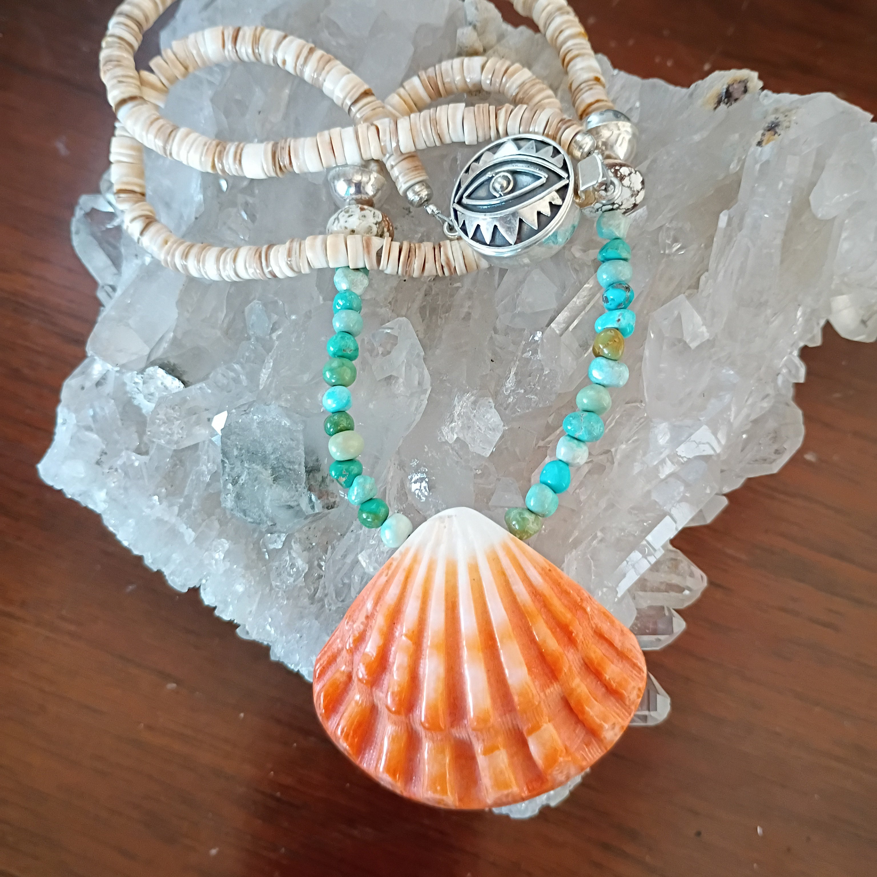 Lone Mountain Turquoise Necklace Spiny Oyster Pendant Sterling Beads 22"