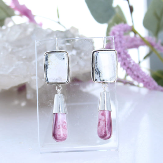 Nevada White Buffalo and Purple Spiny Oyster Teardrop Earrings Sterling