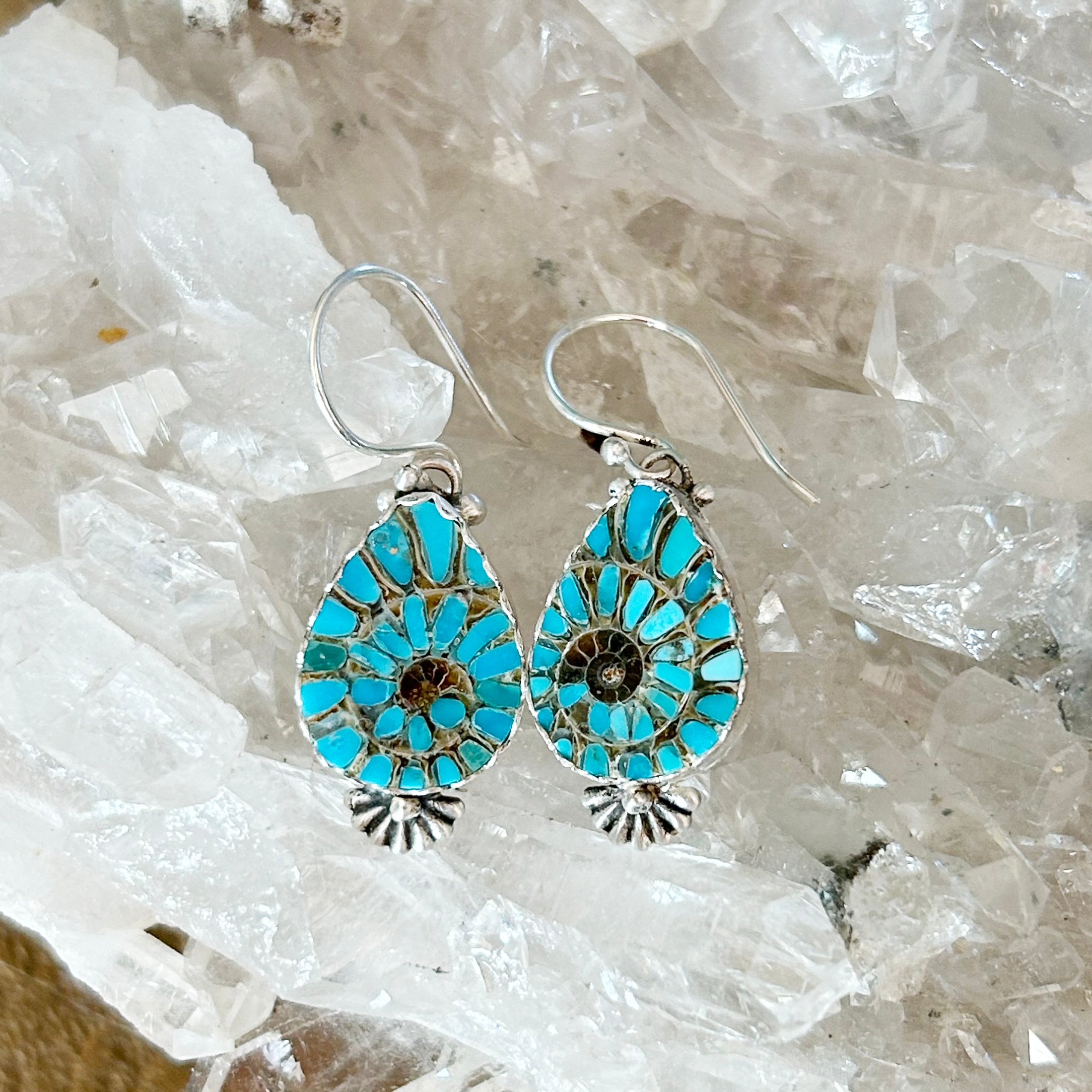 Turquoise Inlaid Fossil Ammonite Sterling Earrings 1.5" Artisan Made