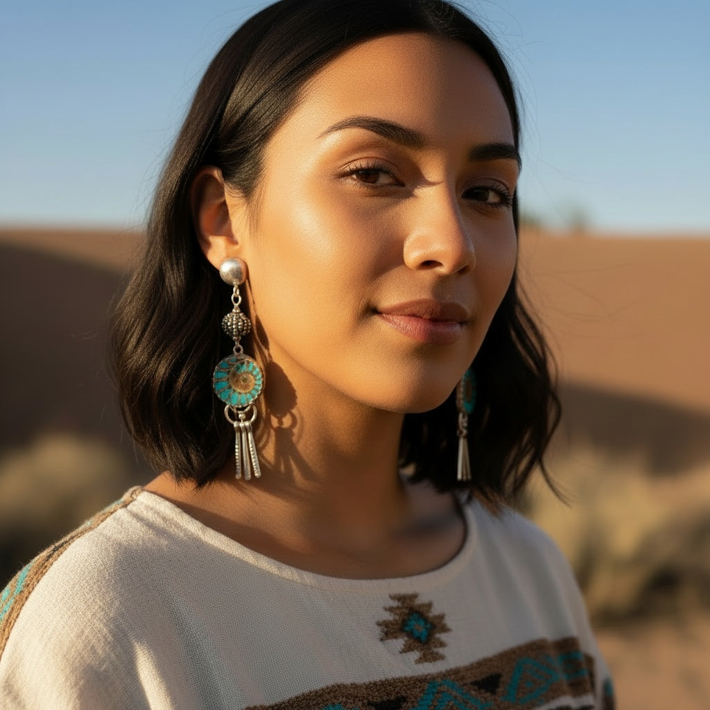 Turquoise Inlaid Fossil Ammonite Sterling Earrings 3" Artisan Made