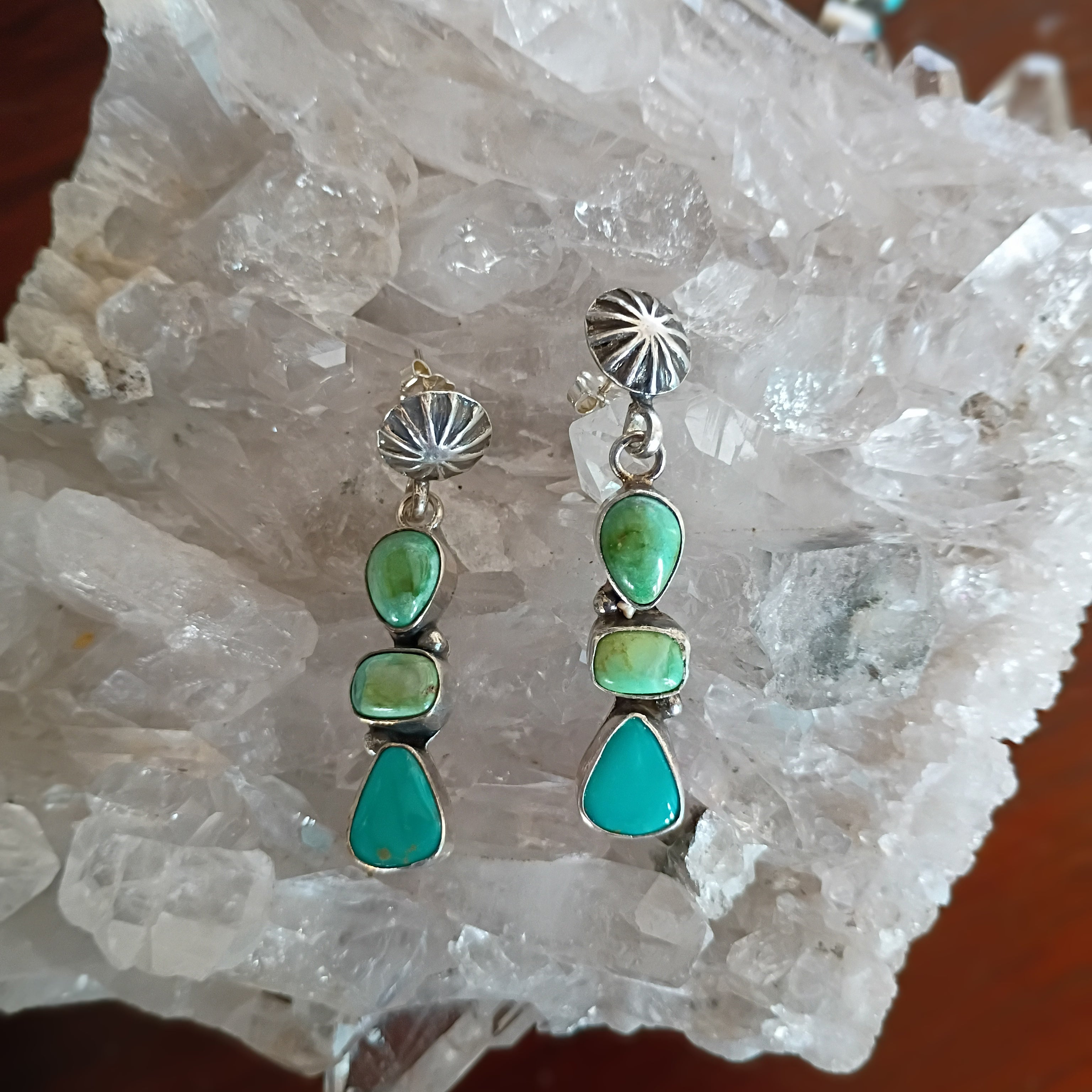 AAA Sonoran Gold Turquoise Earrings 3 Stone with Sunburst Post Design