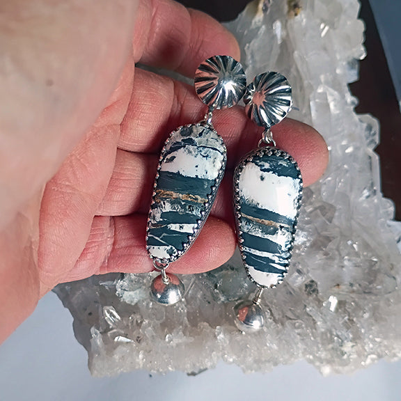 AAA WHITE BUFFALO Turquoise and Navajo Pearl Earrings Sterling 2.5"