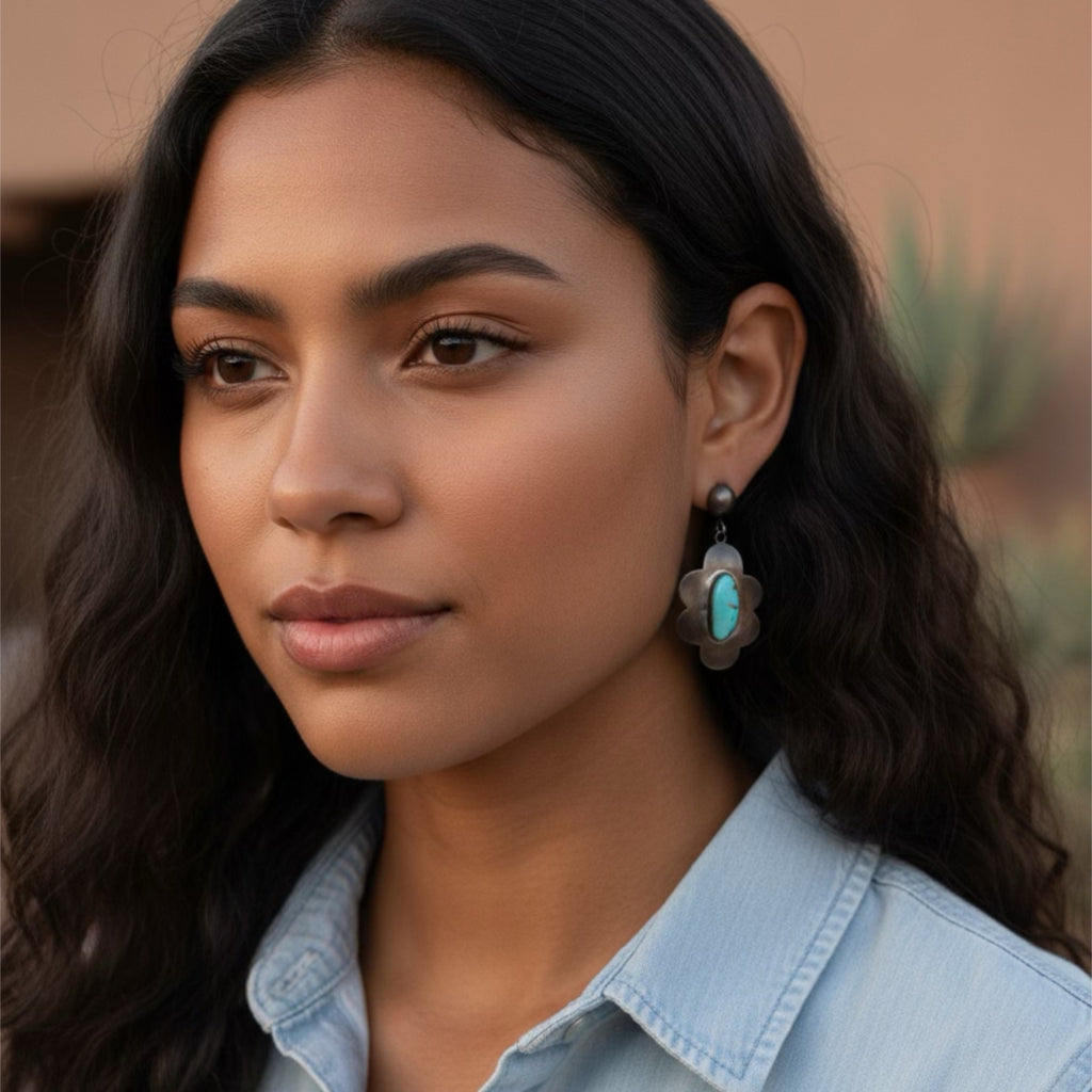 Blue Moon Turquoise Flower Design Earrings Sterling