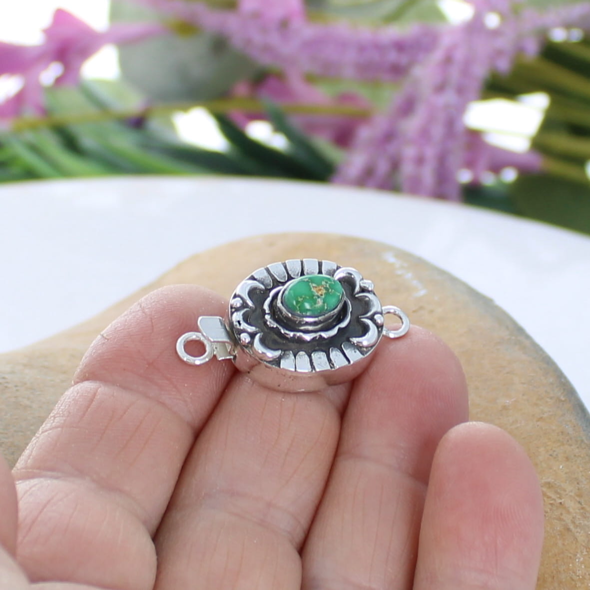Sonoran Gold Turquoise Clasp Sterling Moon Lotus Petal Design 5.5x7.5mm