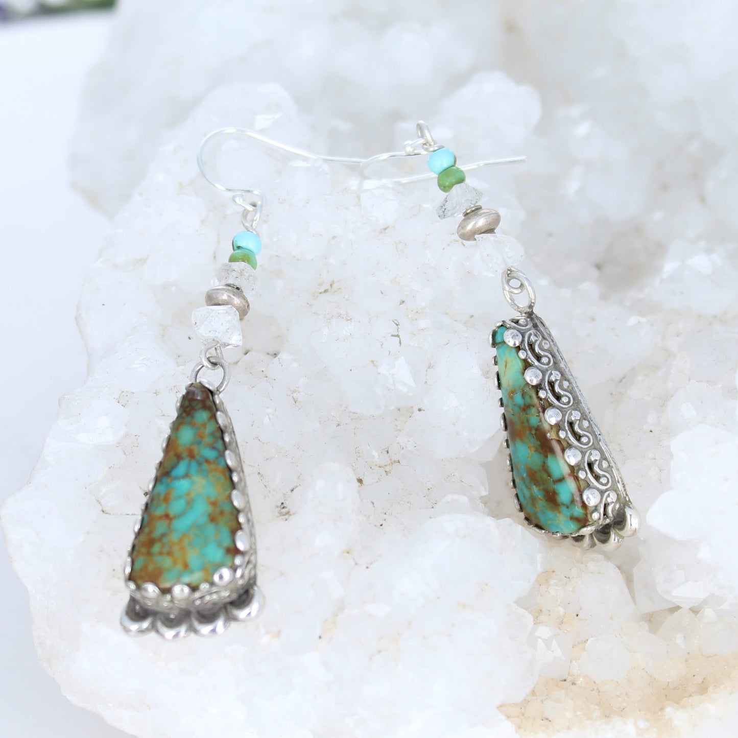 Forest Royston Turquoise Earrings Moons with Sparkling Herkimer Diamonds Sterling