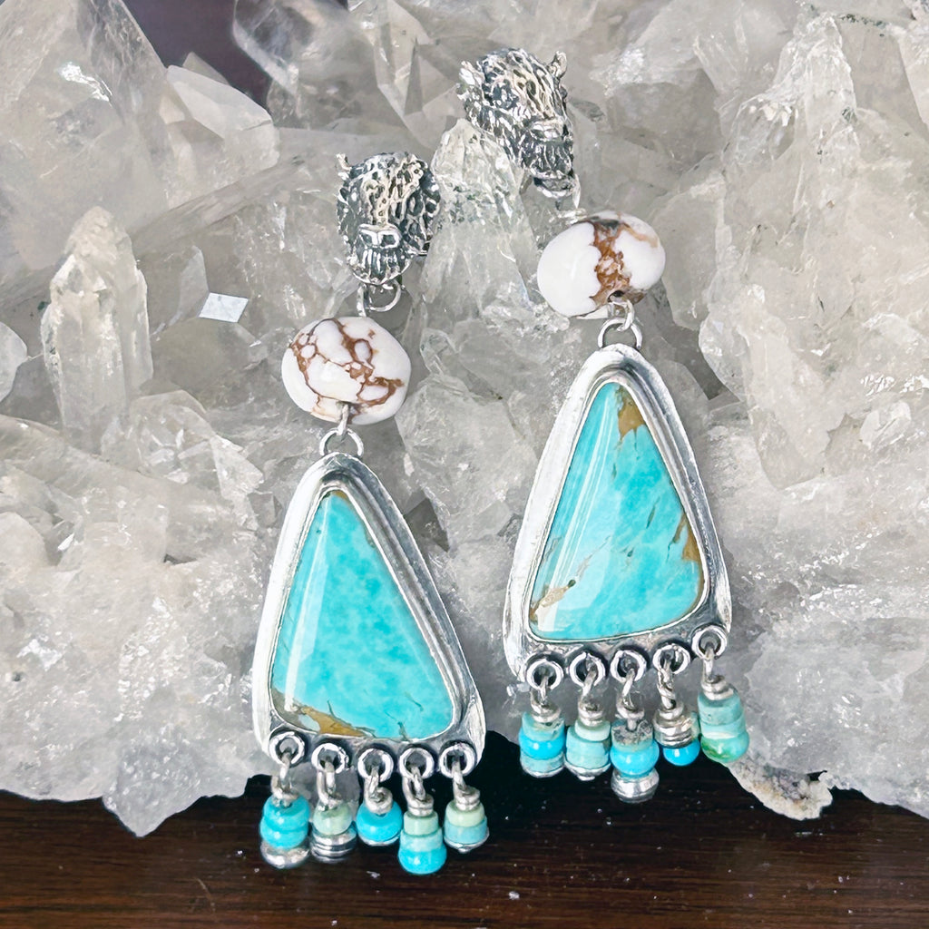 Dancing Buffalo Head Royston Turquoise Earrings Southwest Sterling 2.6"