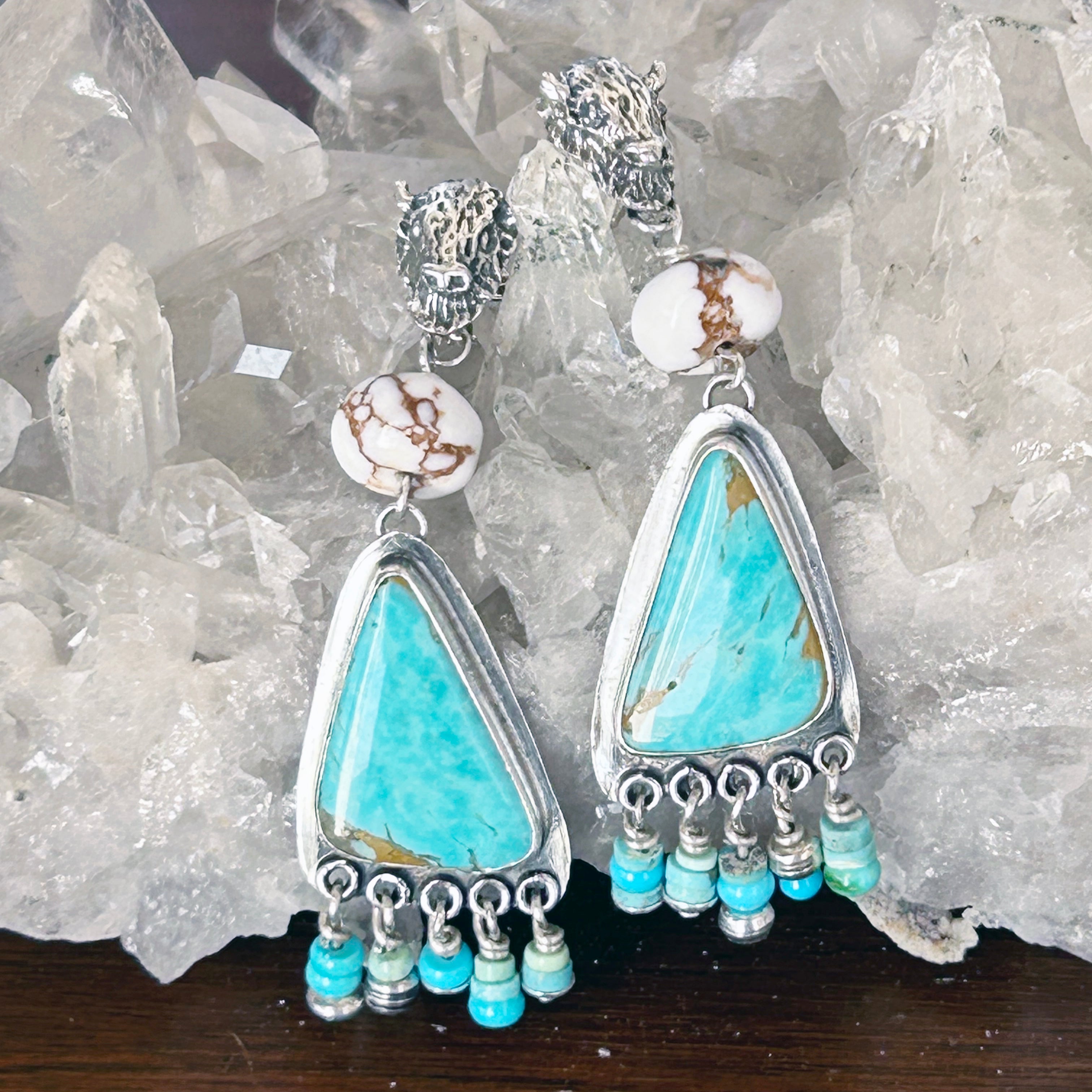 Dancing Buffalo Head Royston Turquoise Earrings Southwest Sterling 2.6"
