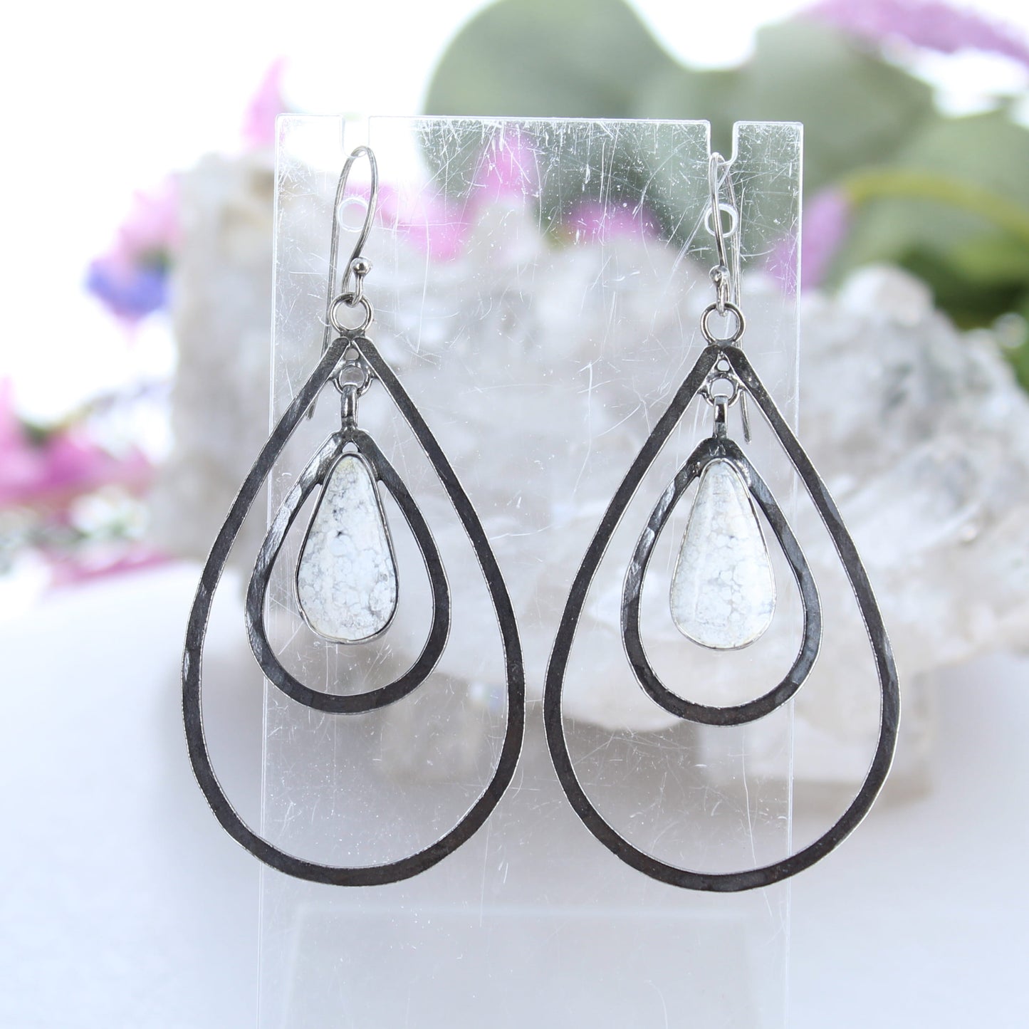 White Buffalo Turquoise Earrings Double Hoops Oxidized