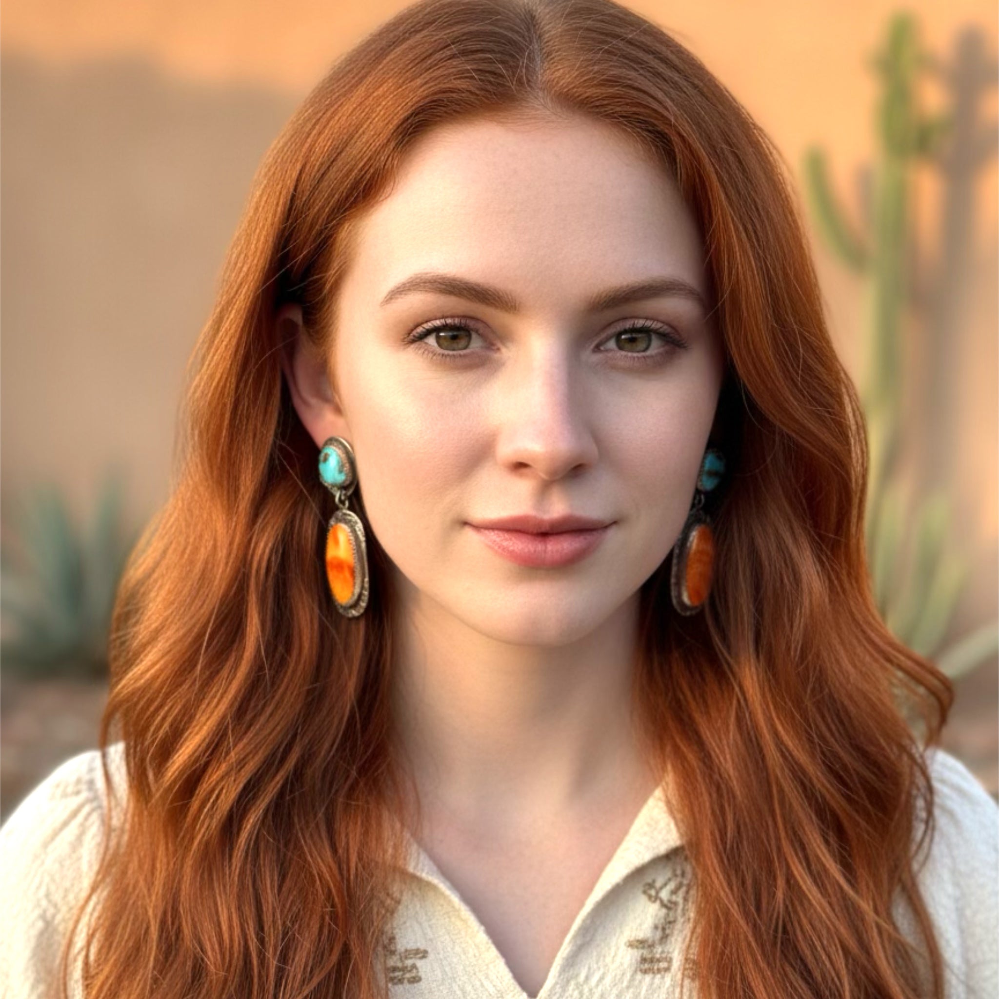 Sunset Lone Mountain Turquoise Sterling Earrings with Spiny Oyster Patterned