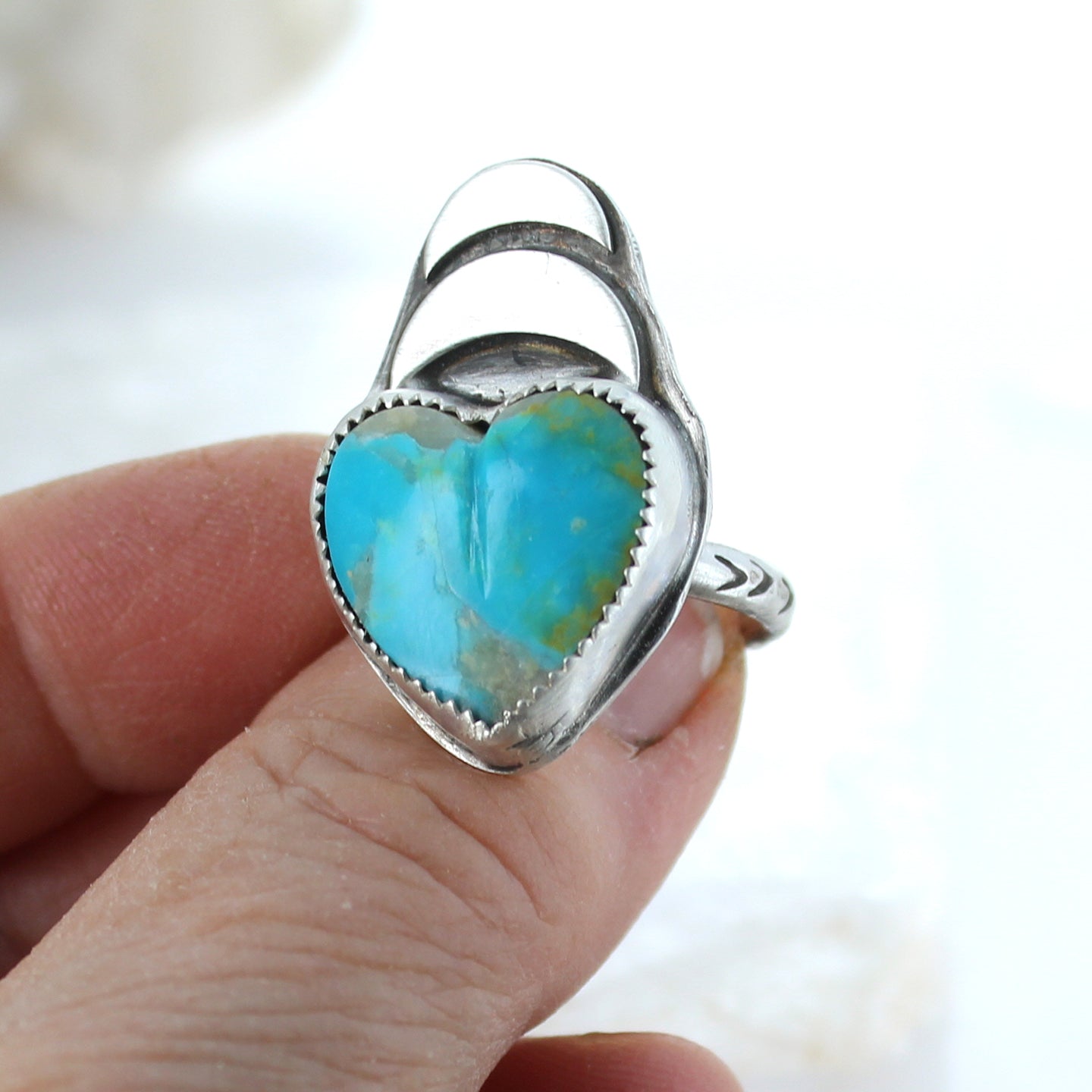 Heart and Double Moon Kingman Turquoise Ring Sterling Size 7.5 -NewWorldGems