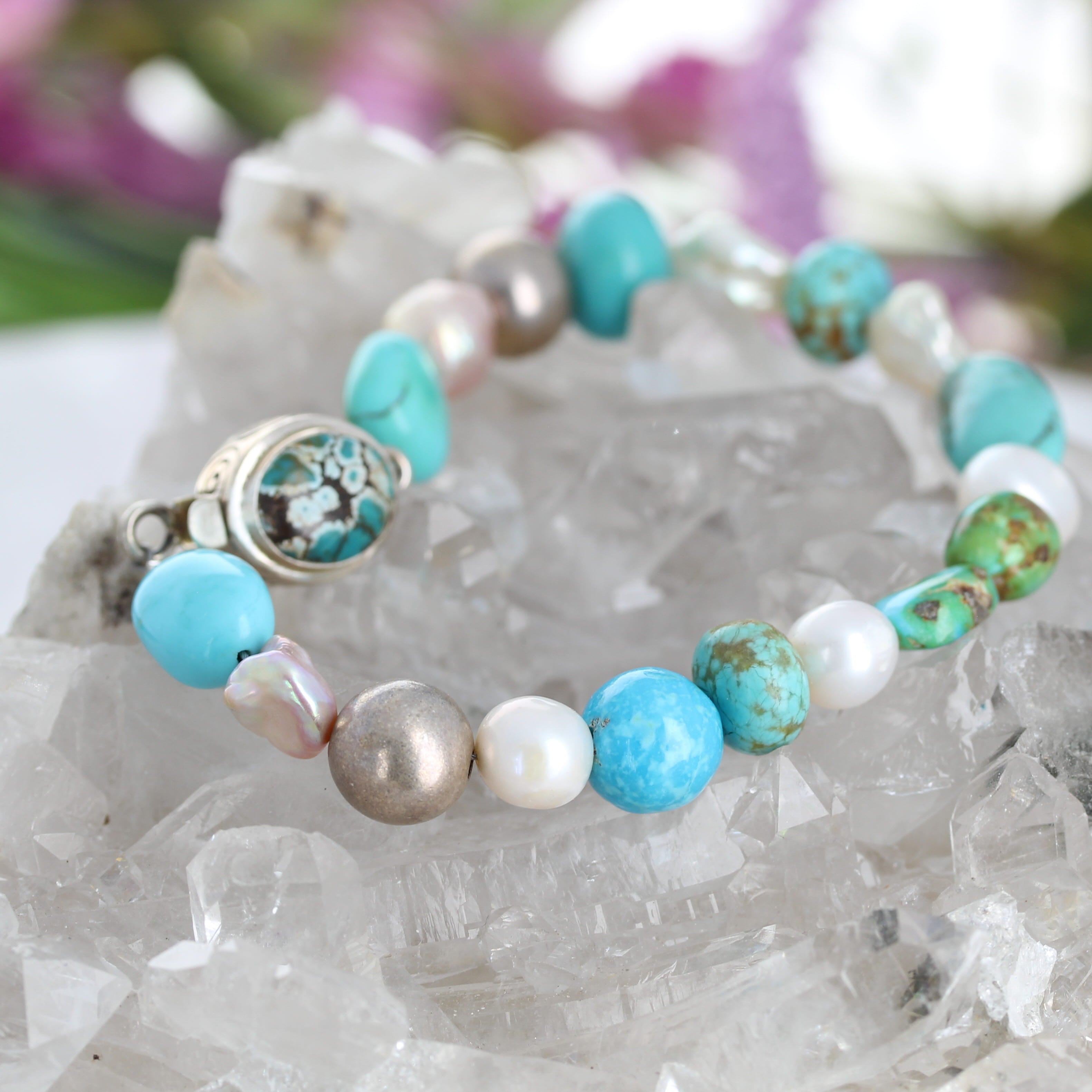 Blue Green Mixed Turquoise and Pearl Bracelet Sterling Silver
