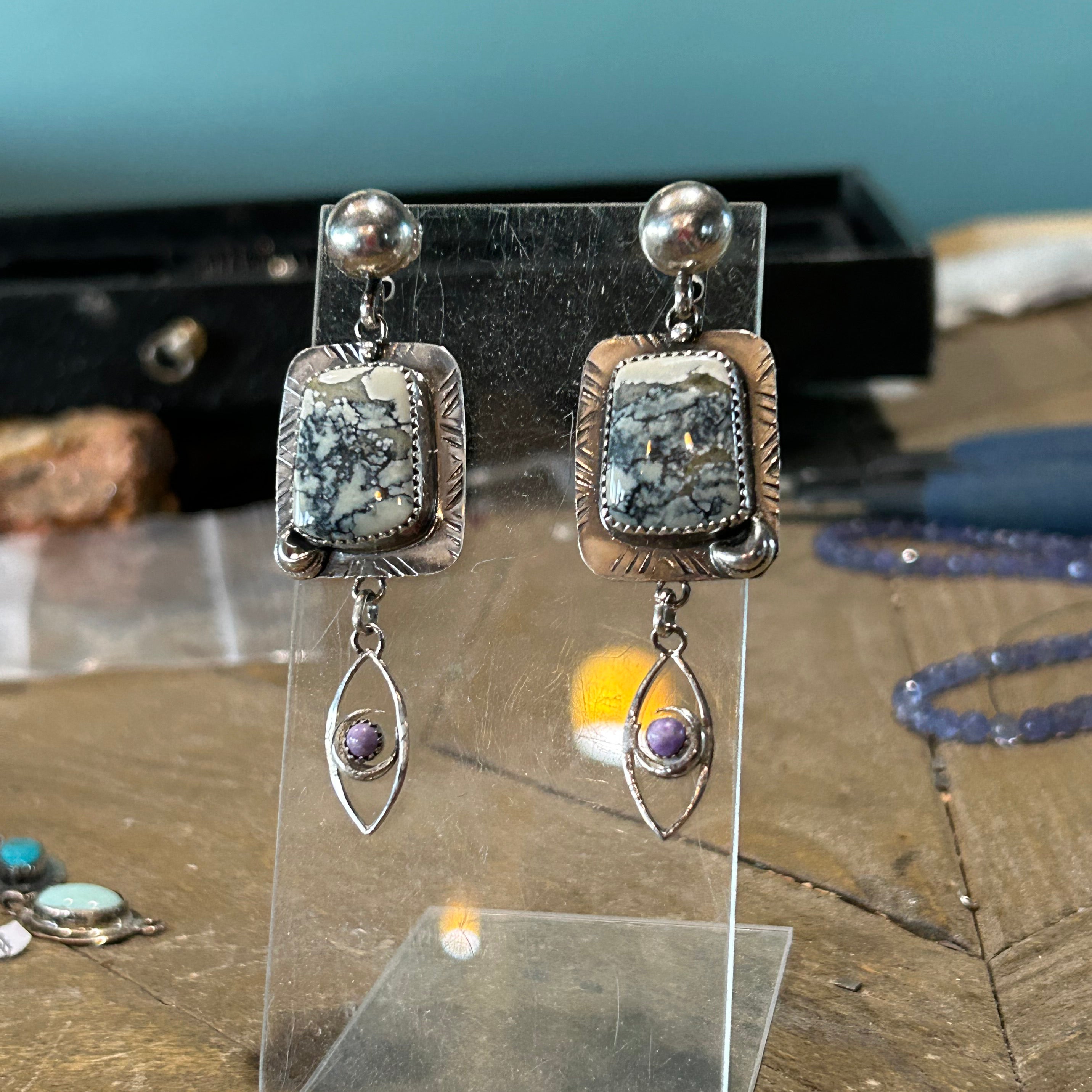 IVORY CREEK Turquoise and Sugilite Sterling Earrings Celadon Eye Moon Artisan