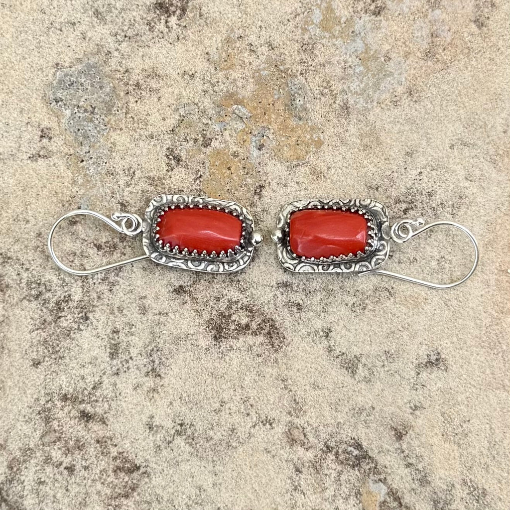 Deep Red Mediterranean Coral Earrings Sterling Silver Patterned French Ear Wires
