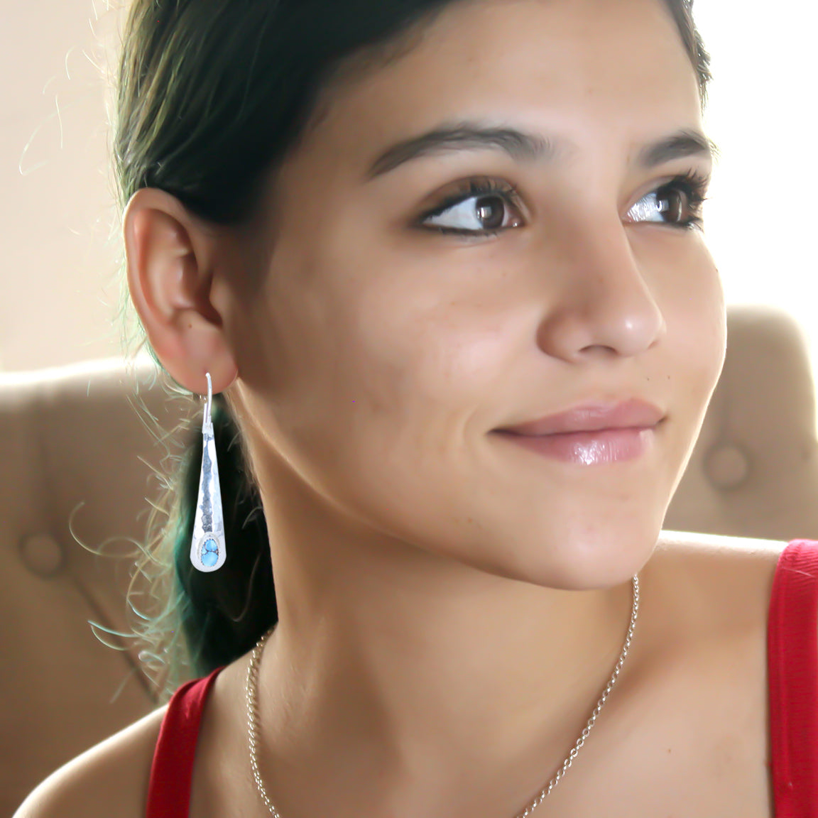 Kazakhstan Turquoise Earrings Sterling Silver Long Teardrops