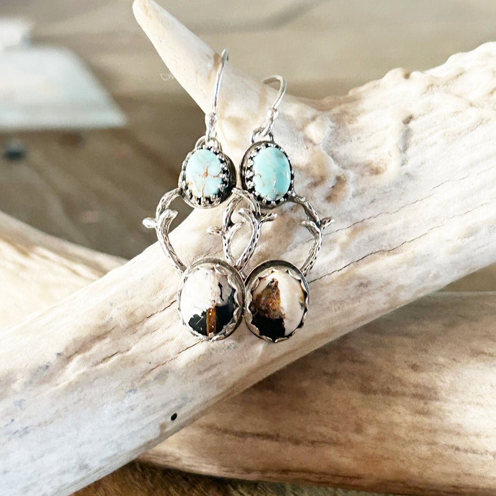 White Buffalo and Dry Creek Turquoise Earrings Sterling Silver Deer with Antlers