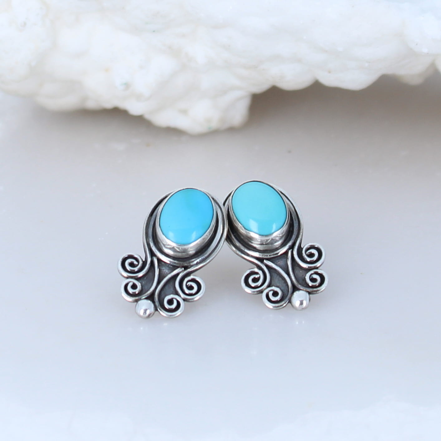 Sleeping Beauty Turquoise Earrings Posts Scroll Design -NewWorldGems