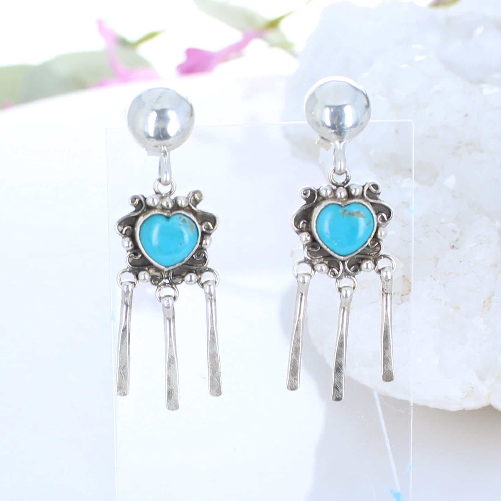 Kingman Turquoise Hearts Earrings Bright Sky Blue Dangles -NewWorldGems