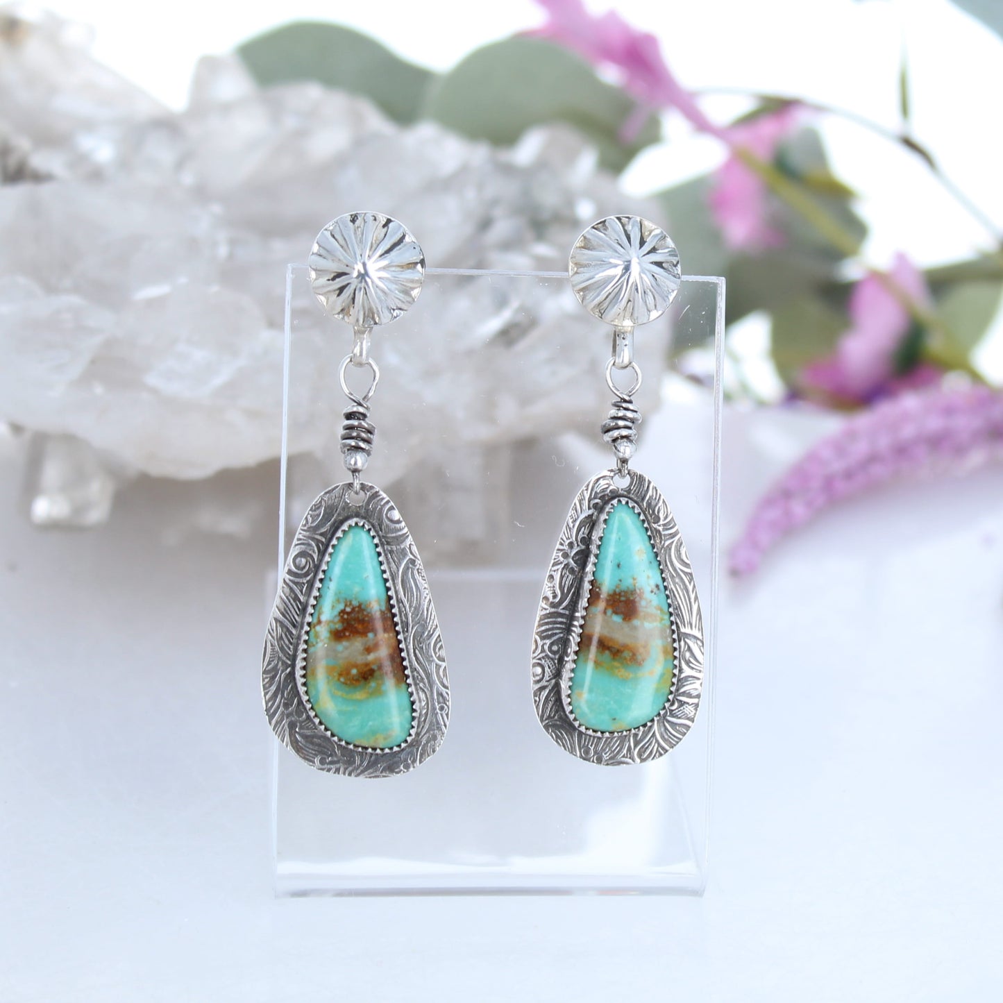 Mint Green Royston Turquoise Earrings Patterned Sterling Sunburst Posts