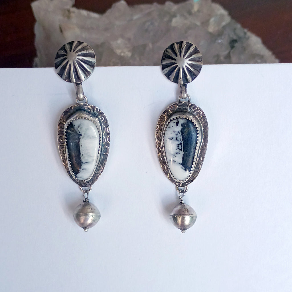 AAA WHITE BUFFALO Turquoise and Navajo Pearl Earrings Sterling 2"