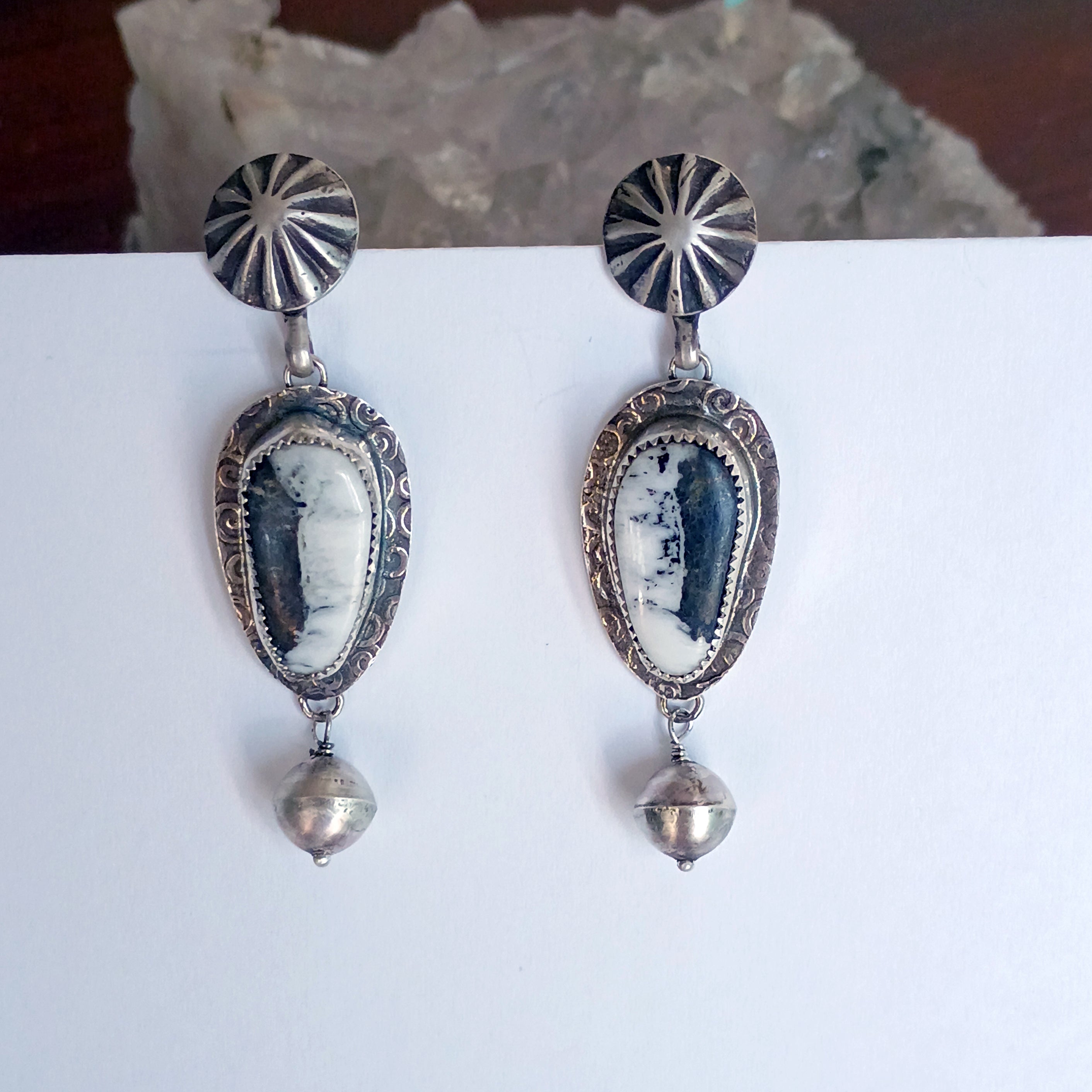 AAA WHITE BUFFALO Turquoise and Navajo Pearl Earrings Sterling 2"