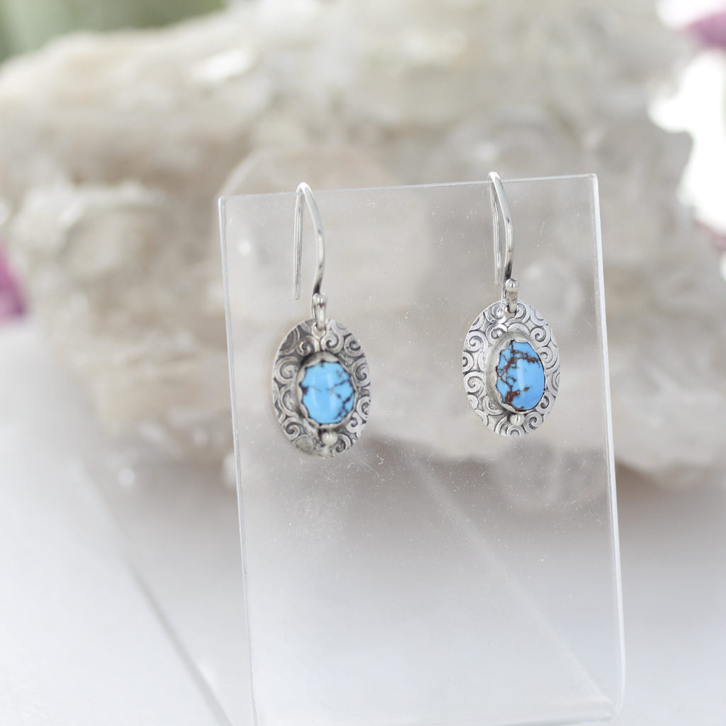 Ethereal Blue Kazakhstan Turquoise Earrings Sterling Patterned Design Ovals
