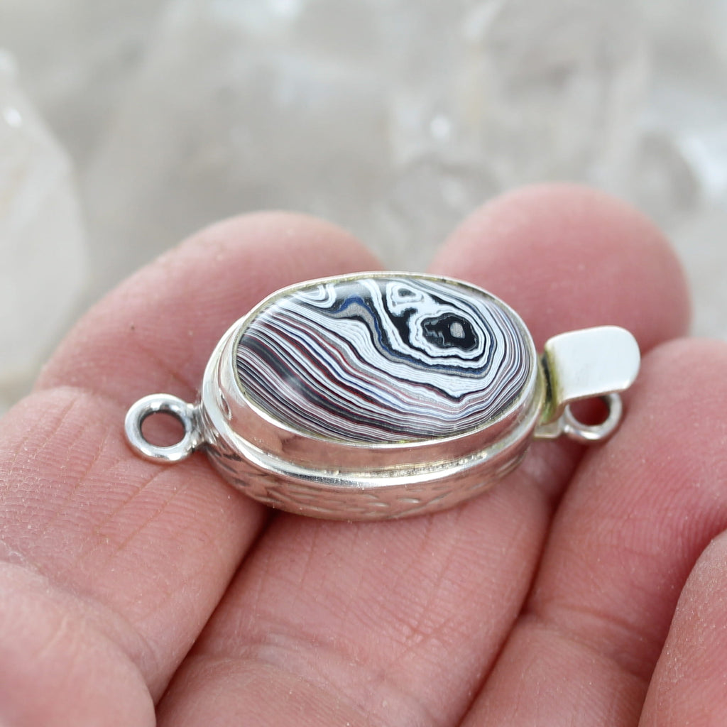 Fordite Clasp Sterling Silver Red White Black Swirls