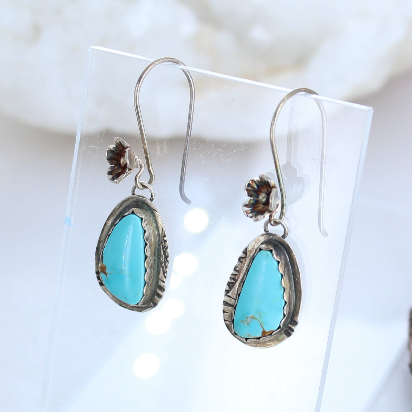 Kingman Turquoise Earrings Sky Blue Floral Earwire -NewWorldGems