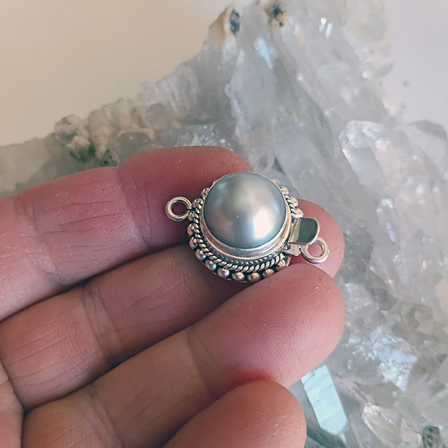 Light Silver Mabe Pearl Clasp Granulated Design 12mm Sterling