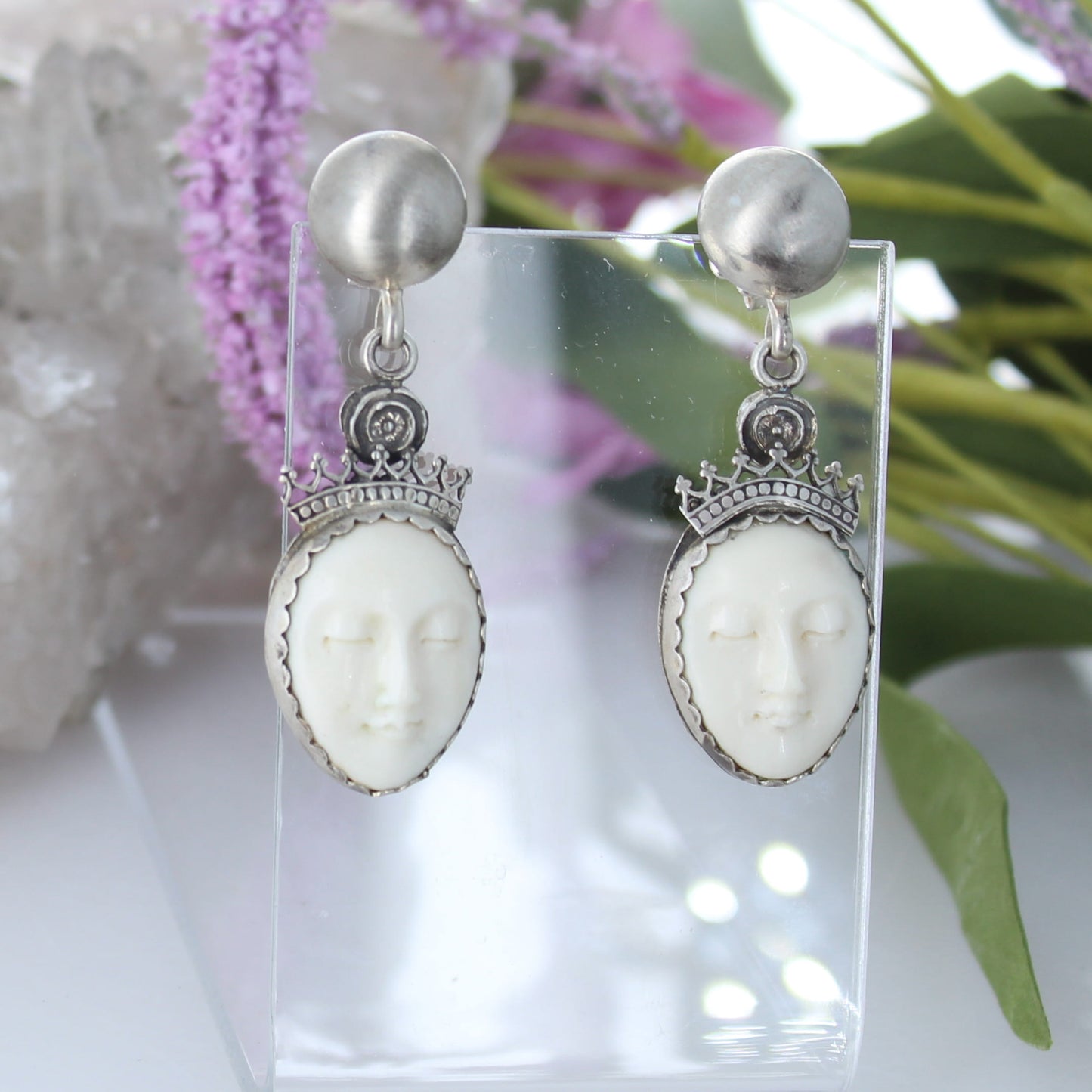 Unique Earrings Sterling Silver Carved Moon Goddess Faces