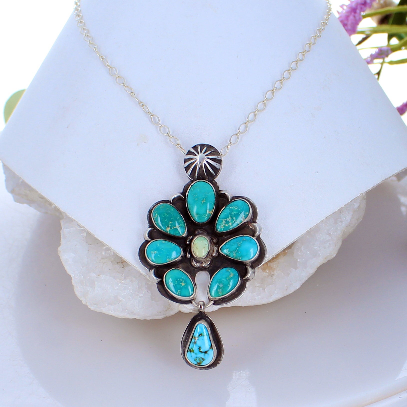 Emerald Valley Turquoise Naja Moon Pendant Sterling with Kingman Turquoise -NewWorldGems