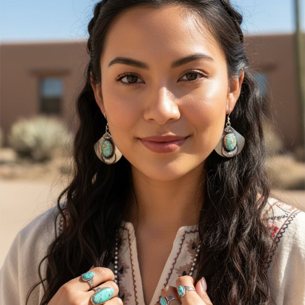 Baby Blue Kazakhstan Turquoise Fan Earrings Sterling Silver Protective Eye