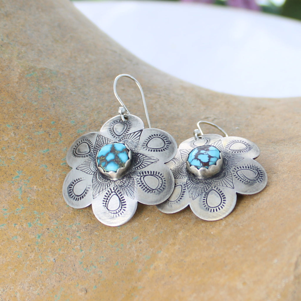 Beautiful Stamped EGYPTIAN TURQUOISE Sterling Flower Earrings