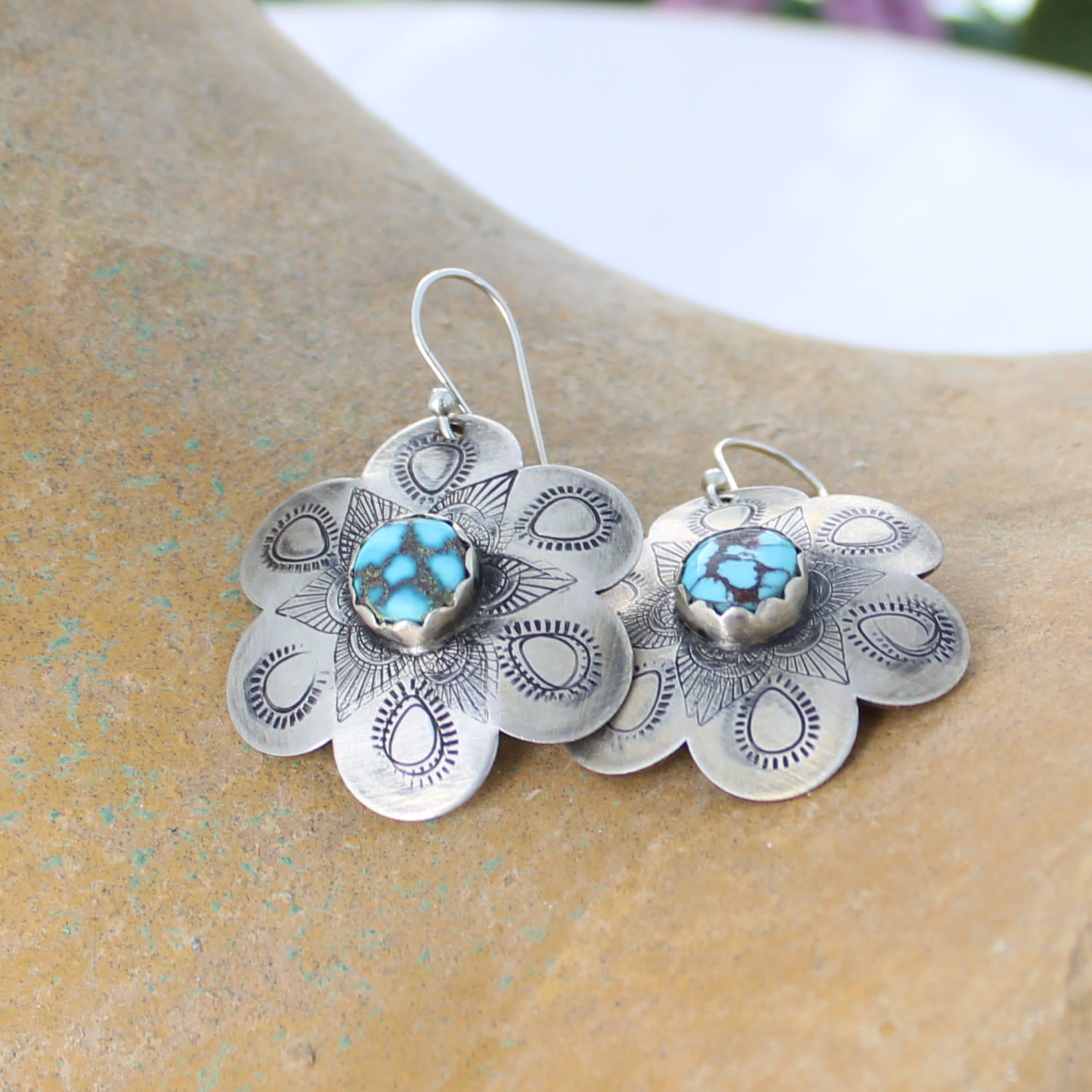 Beautiful Stamped EGYPTIAN TURQUOISE Sterling Flower Earrings