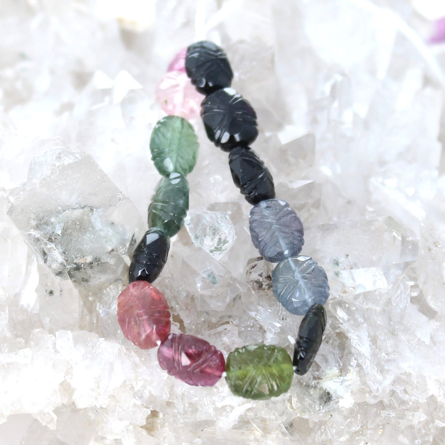 Stunning Gem Tourmaline Beads Carved Multi Color 5"